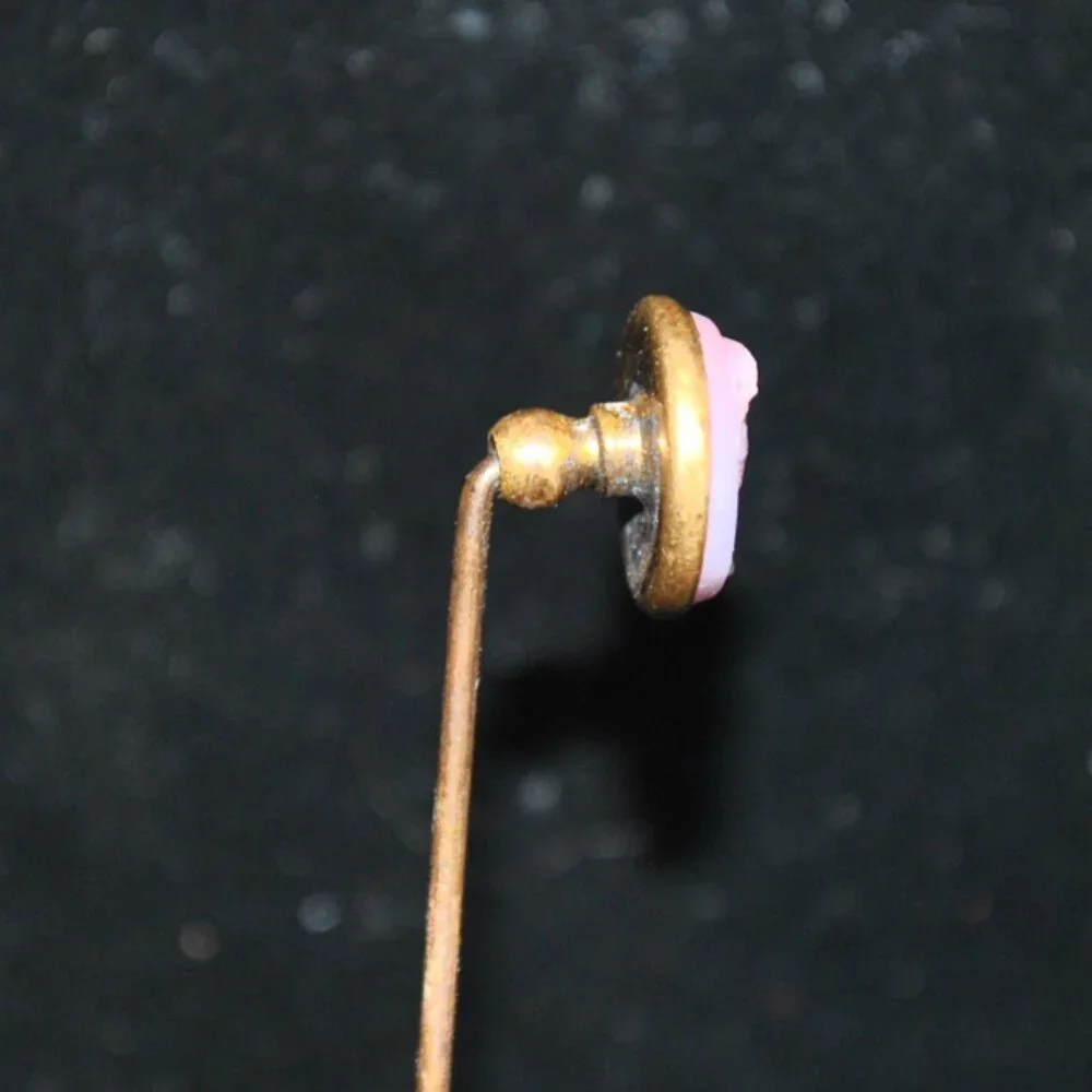 Antique Small Round Pink Glass Cameo Stick / Tie Pin